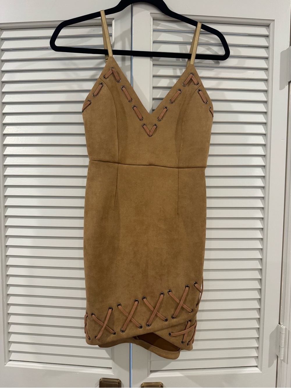 Spaghetti Strap Mini Dress in Tan with Lace-Up Details